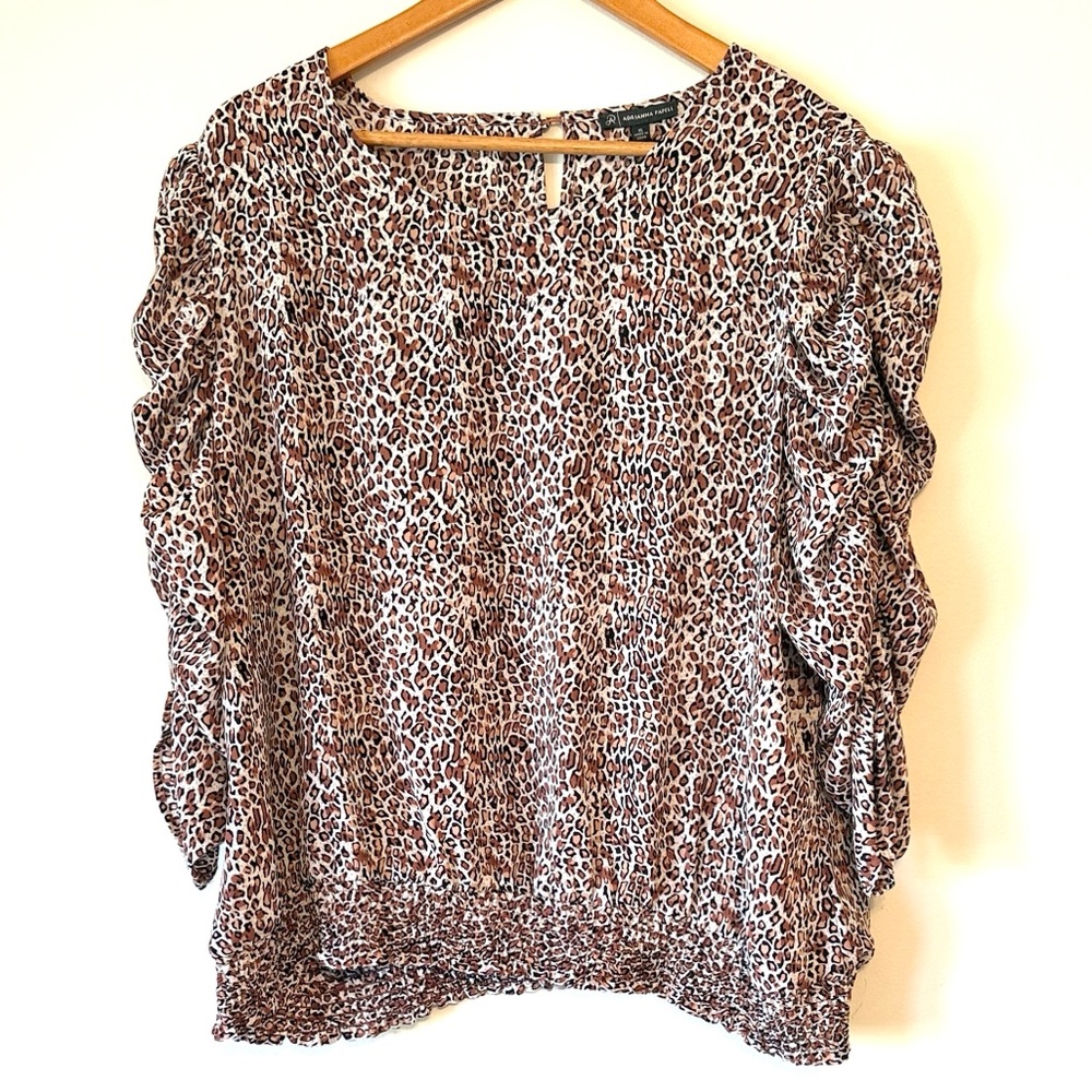 ADRIANNA PAPELL Leopard Print Ruffle Shirred Sleeve Blouse XL